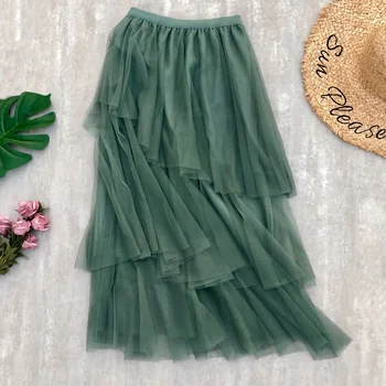 

2020 Autumn New Arrival Korean Style Mesh Skirt Stitching Solid Color Splice Ruffled Skirt Mid Length A-line Skirt Free Shipping