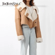 TWOTWINSTYLE женские куртки из овечьего меха с капюшоном и длинным рукавом, повседневные свободные уличные стильные пальто для женщин одежда