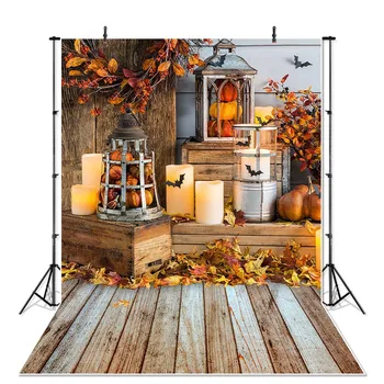 

Photography backdrop autumn halloween pumkpin background for photo studio Maple leaf fall candle wood floor photo backgrounds