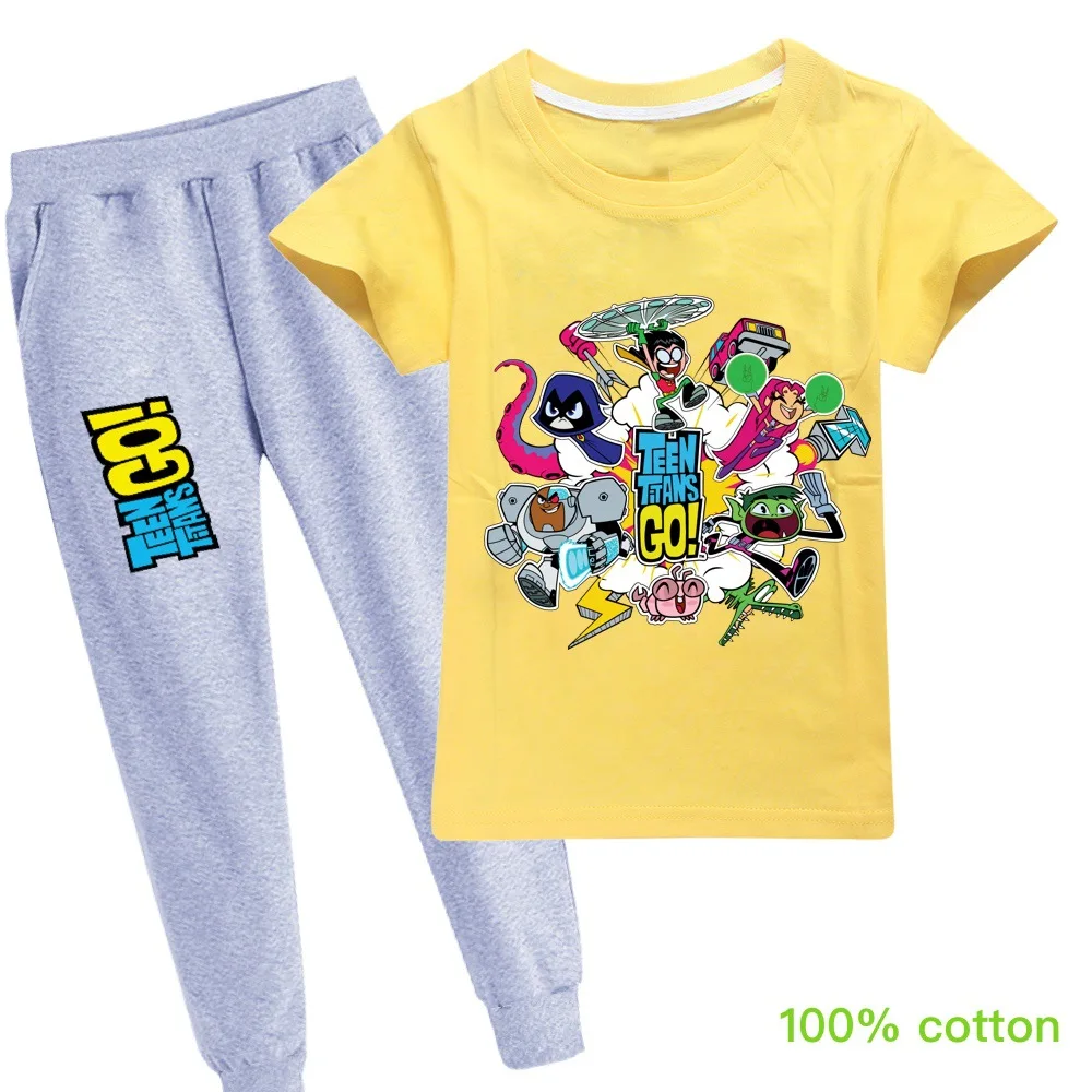 Подростковая одежда для маленьких мальчиков с принтом «Titans GO» Повседневная футболка+ штаны, комплект одежды для малышей из 2 предметов, летний детский костюм для мальчиков, г., одежда для девочек PT082