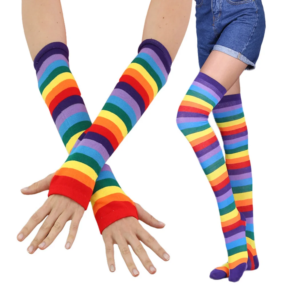 Fashion Slim Striped Women Stockings Set Party Anti Slip Long Gloves Elastic Over Knee Casual Cosplay Cotton Blend Rainbow Soft