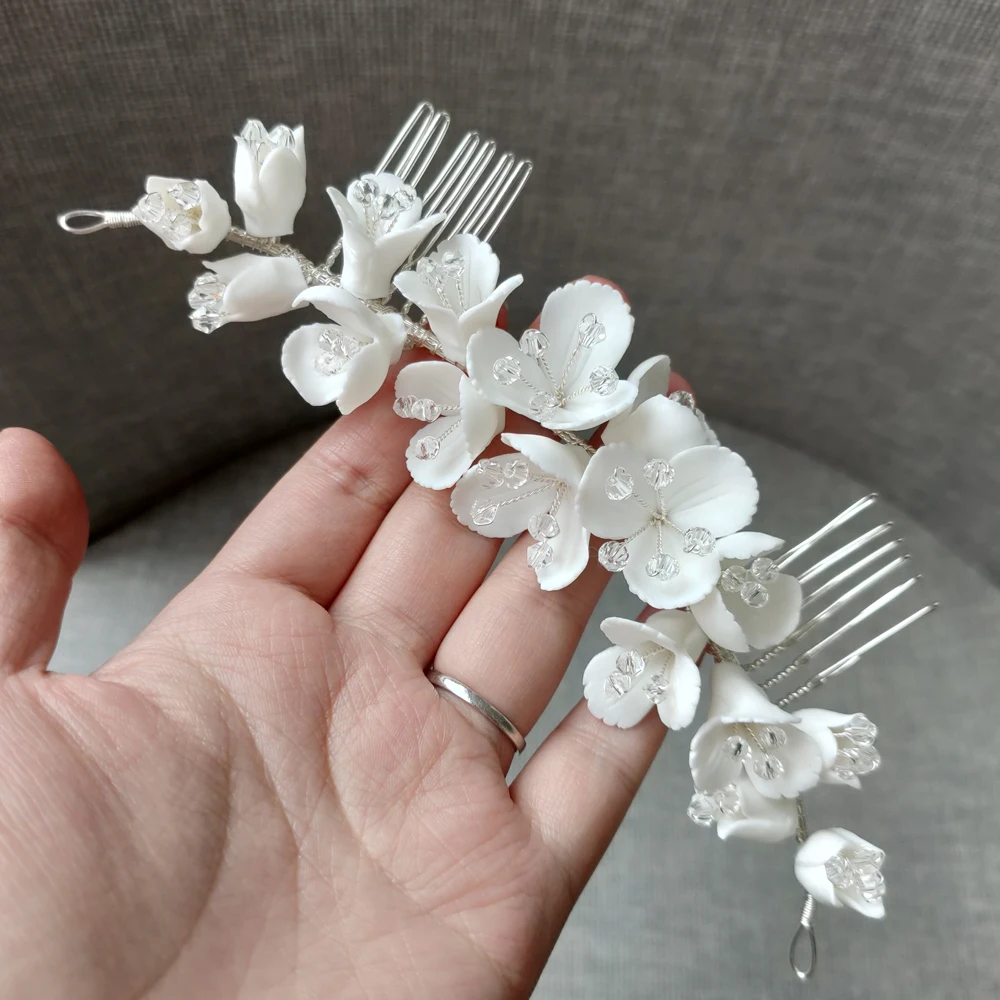 Нежный фарфор цветок свадебный гребень для волос античный серебряный свадебный головной убор Роскошные вечерние выпускные украшения для волос для невест