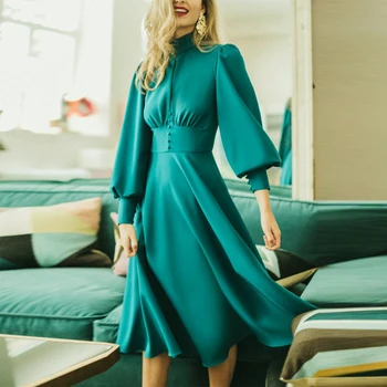 

Women's Dress French Acetate Satin Ladies Dress Retro Lantern Sleeve High Waist Temperament Goddess Dress