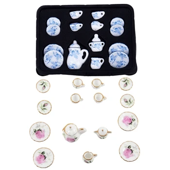 

2 Set Porcelain Dollhouse Miniature Tea Cup Set, Blue + White & Rose Red