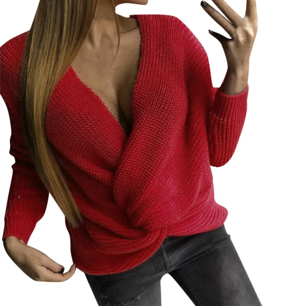 Красный свитер модный вязаный джемпер с V-образным вырезом женские пуловеры