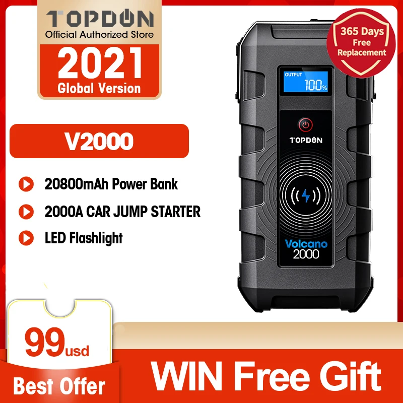 TOPDON-arrancador de batería de coche V2000, 20800mAh, 12V, 2000A, cargador inalámbrico portátil, Banco de energía, dispositivo de arranque