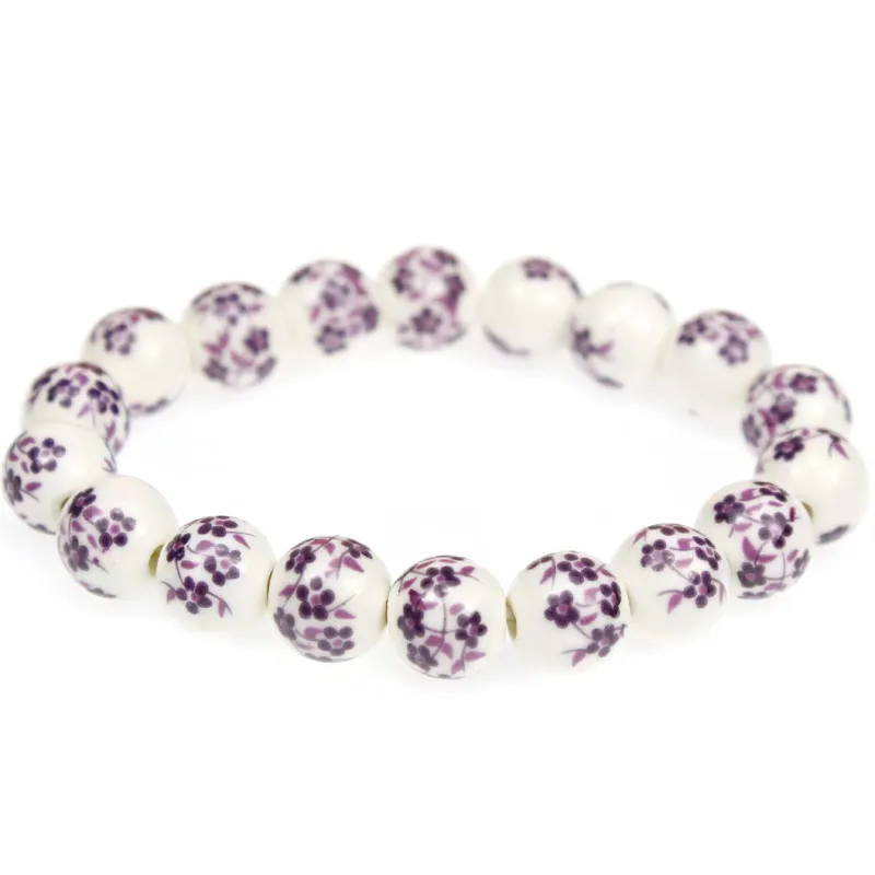 

8 Coluor 10mm Ceramic Round Beads Elastic Thread Bracelet with Shivering Flower Pattern For Women Men or Like it's Everyone