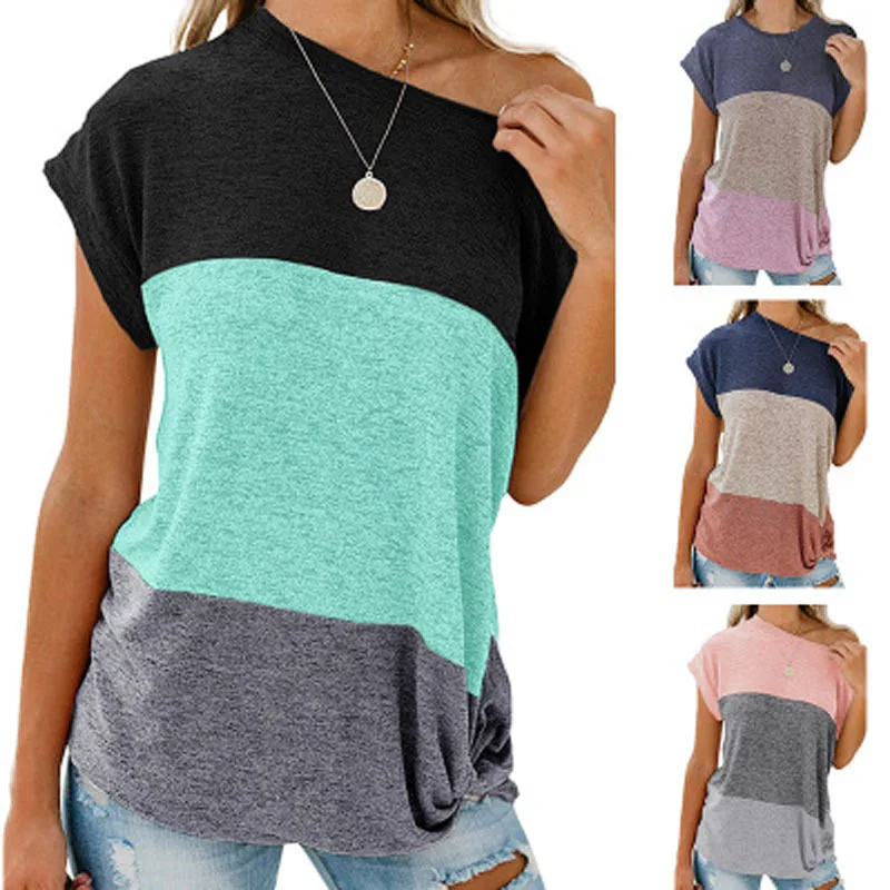 

Casual Bat Short Sleeved Round Neck Loose Color Matching Women T Shirt 5 Colors Popular 2020 Spring and Summer New Women Shirt