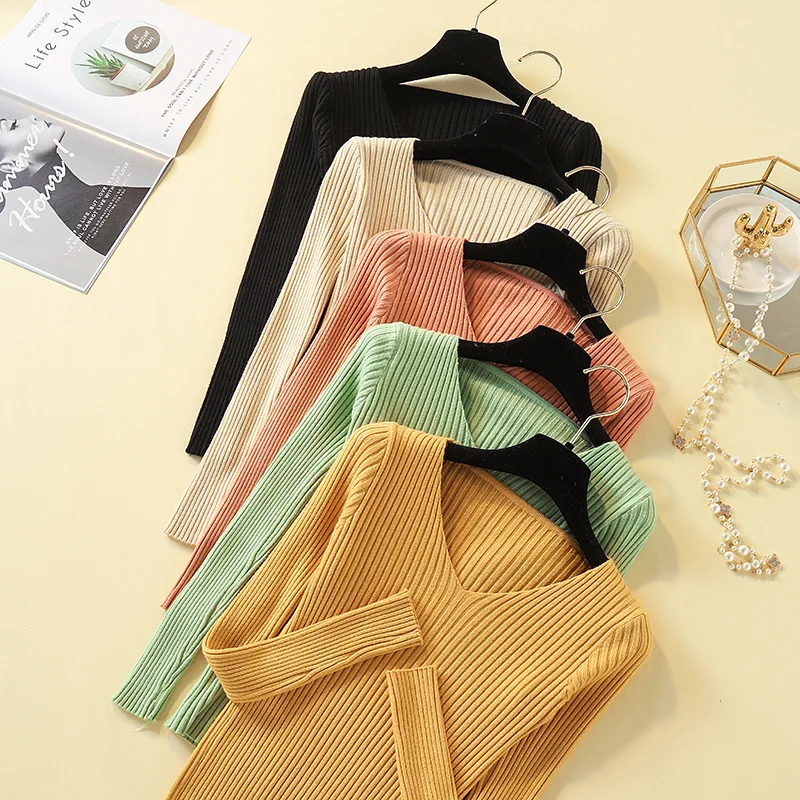 

8 Colours Women Basic V-neck Solid Autumn Winter Sweater Pullover Female Knitted sweater Ladies Slim Long Sleeve Bodycon Sweater