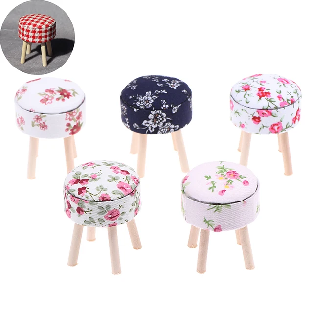 1/12 Scale Dollhouse Miniature Wooden Table Furniture Round Floral Stool Chair  for Dolls House Decor Kids Pretend Play Toy 4