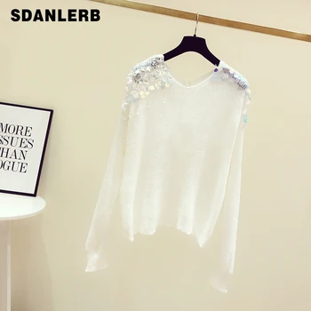 

Thin Sweater Women's Heavy Industry Sequined Beaded Sweaters Spring Autumn New Girls Ladies Loose Lazy Long Sleeve Jumper Pull