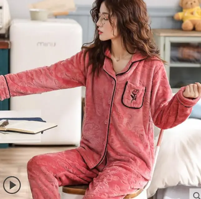 Winter Pajamas Set Women Pyjamas Flannel Long Pants 2piece//Set Sleepwear Printed