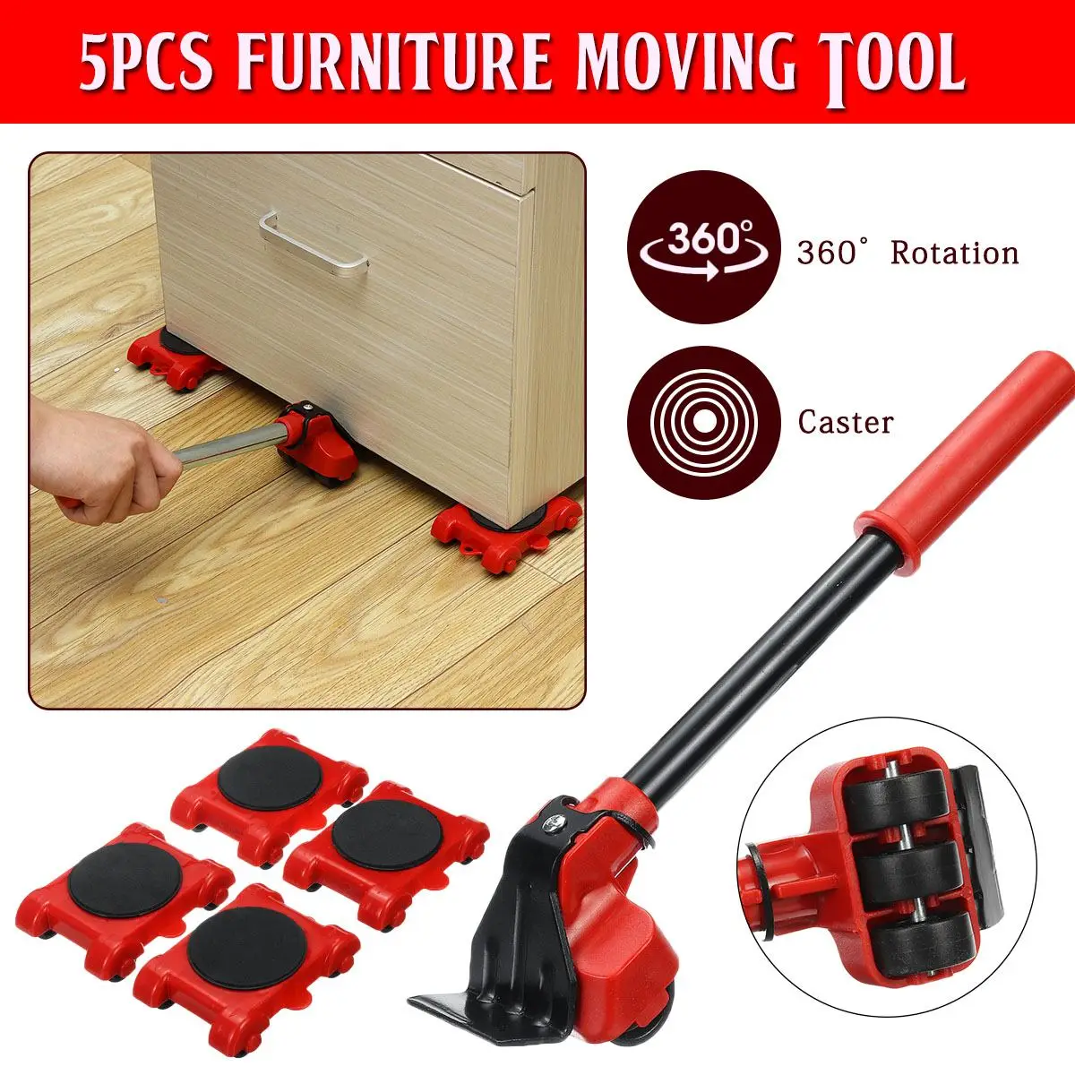 4pcs set Furniture Lifter Heavy Duty Furniture Mover Transport Moving System 4 Move Roller 1 Wheel Bar Lifting Hand Tool Set