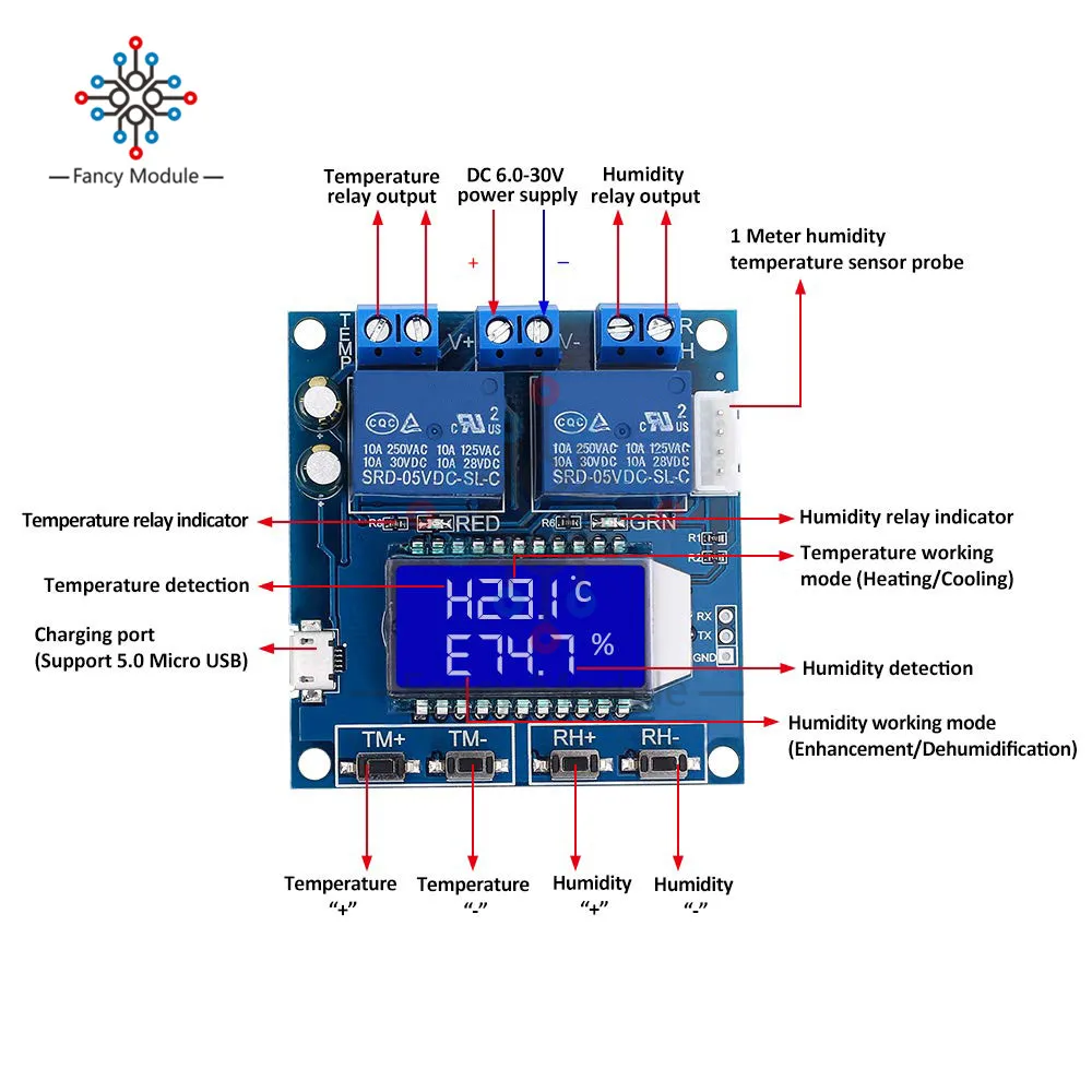 Контроллер температуры и влажности, цифровой термометр, гигрометр, модуль управления, двойной выход, ЖК-дисплей, автоматический постоянный регулятор