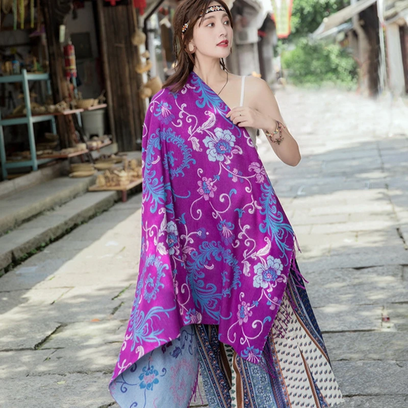  Oversize 140*140cm Floral Printing Square Blankets Russian Women Wedding Scarf Retro Style Cashmere