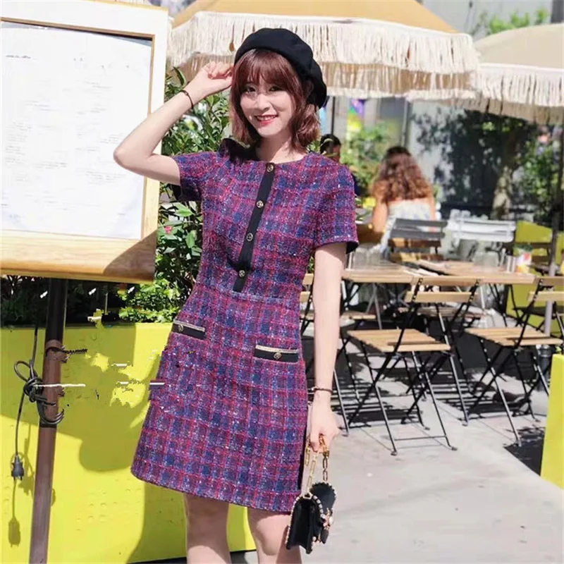 new winter French elegance temperament Slim round neck short-sleeved women woolen tweed plaid dress