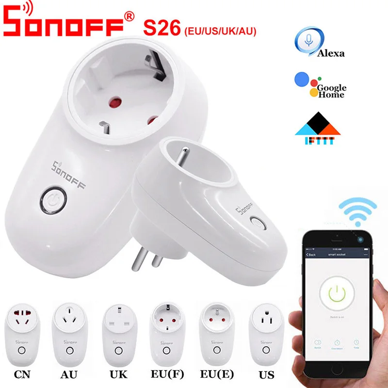 Sonoff S26 Wi-Fi умная розетка США/Великобритания/ЕС Беспроводная штепсельная вилка розетки умный дом переключатель работает с Alexa Google Assistant IFTTT