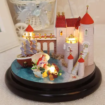 

DIY Sweet Mermaid Wooden Mini Wooden Handmade Creative Doll House Boat Miniature Home Assembly Dollhouse Glass Ball Toy