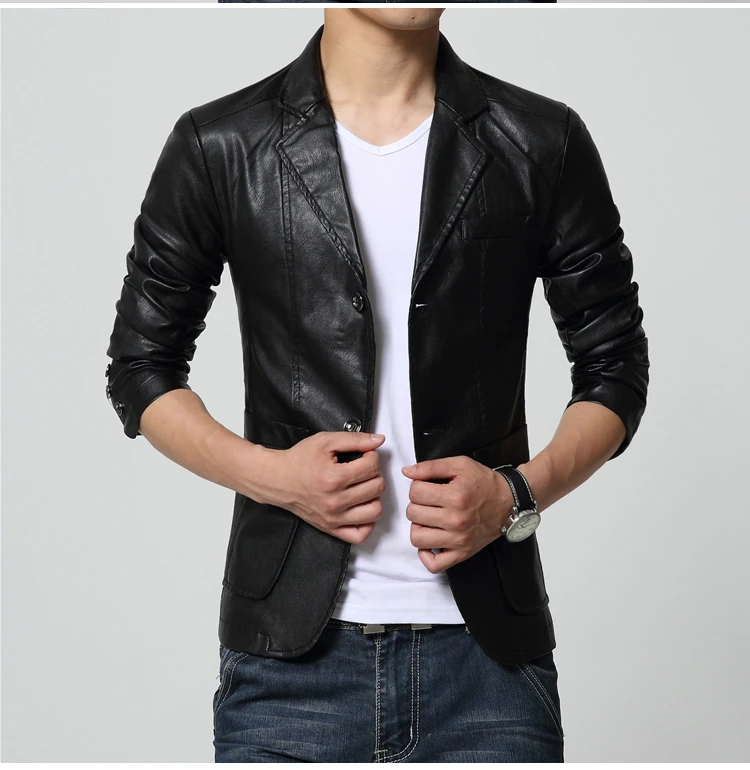 2022 Fashion New Men's Casual Boutique Suit Leather Jacket / Male Solid Color Business Collar PU Blazers Long Sleeve Dress Coat