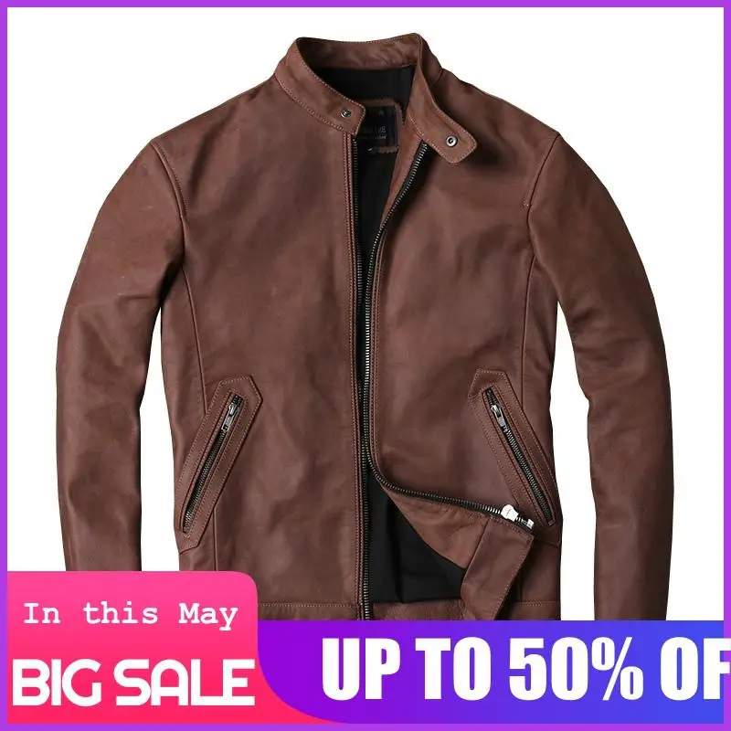 

2020 Brown Men Classic Stand Collar Biker's Leather Jacket Large Size XXXXL Genuine Cowhide Russian Slim Fit Motorcycle Coat