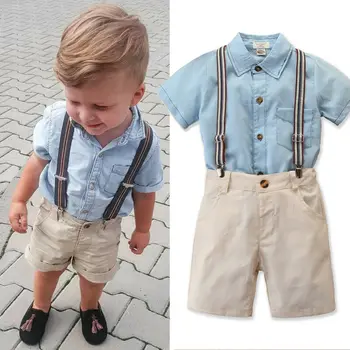 

0-5Y Toddler Baby Kid Boy Gentleman Clothes Sets Short Sleeve Blue Shirt Tops Overalls Shorts Pants Outfits