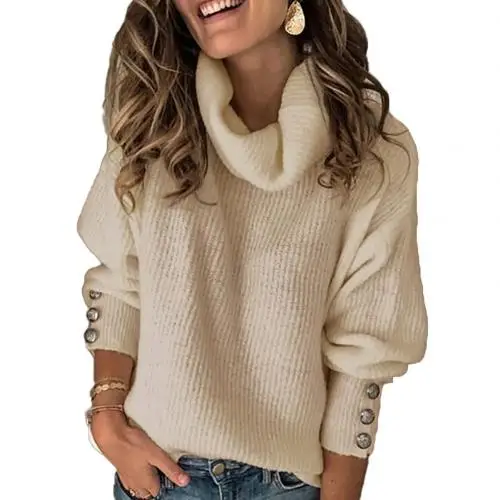 11,11 Модный женский осенне-зимний мягкий удобный однотонный теплый свитер с воротником-стойкой и пуговицами, теплый пуловер, рождественский подарок - Цвет: Apricot