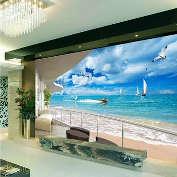 

space large mural wallpaper3D resort balcony sunny seaside landscape for living room dining room hallway thick non-woven type