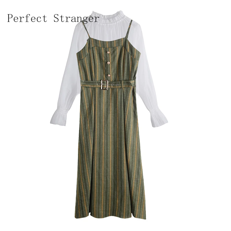 High Quality Retro 2020 Autumn New Arrival Two Pieces Stand Blouse +Brace Long Dress