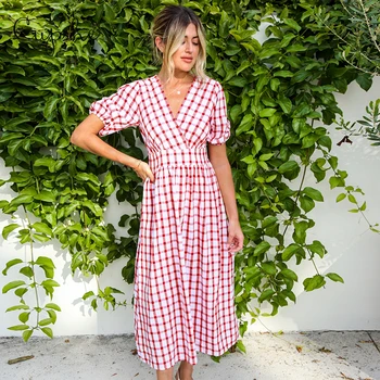 

CUPSHE Gingham Buttoned V-Neck Midi Dress Woman Sexy Short Sleeve Ruched Dress 2020 Beach Summer Girls Sundress Vestidos