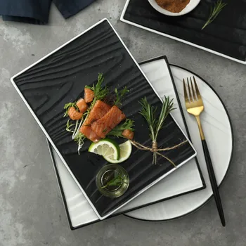 

Nordic Style Steak Pasta Sushi Plate Western Restaurant Steak Plate Black and White Rectangular Ceramic Dish Household Tableware