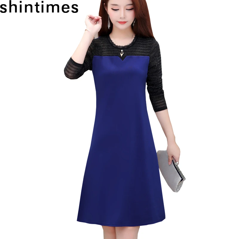 

shintimes Korean Version Autumn Winter Women Dress Lace Patchwork Dresses Casual Long Sleeve Plus Size Black Dress Vestido Mujer