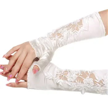 

Women Bridal Satin Fingerless Gloves Handmade Embroidery Floral Lace Fauxl Pearl Beaded Mittens Wedding Arm Sleeves