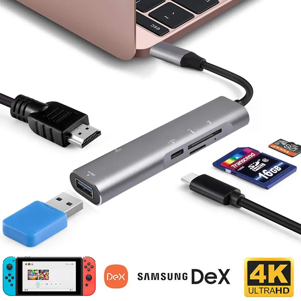 5 в 1 USB C концентратор адаптер USB-C к HDMI конвертер портативный легкий алюминиевый USB C концентратор для ноутбуков и смартфонов
