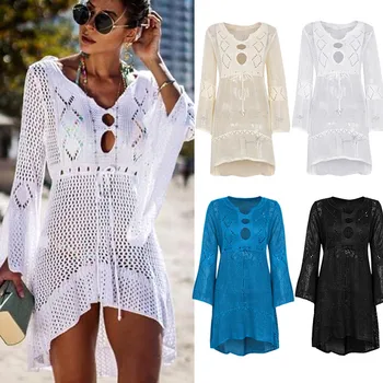 

Women Crochet Knitted Beach Bikinis Cover Up Tunic Long Sleeve Hollow Beachwear FS99