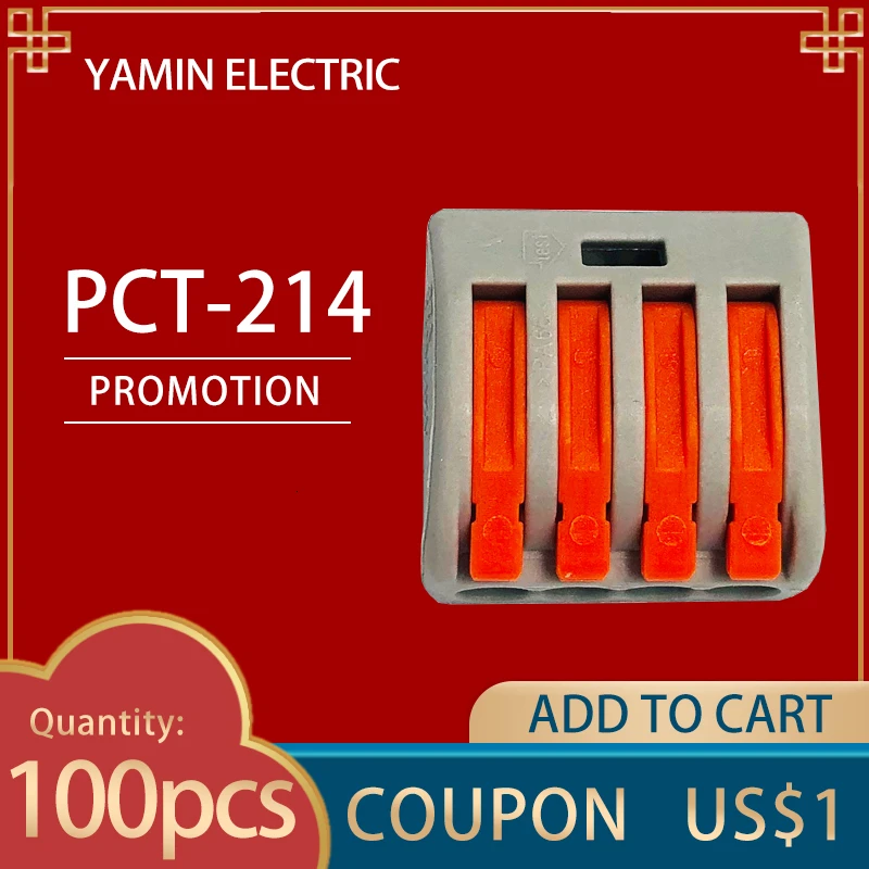 

PCT-214 (100pcs) Terminal Block Fast Connection 222-414 Universal Compact Wire Wiring Connector 4 Pins One In Three Out