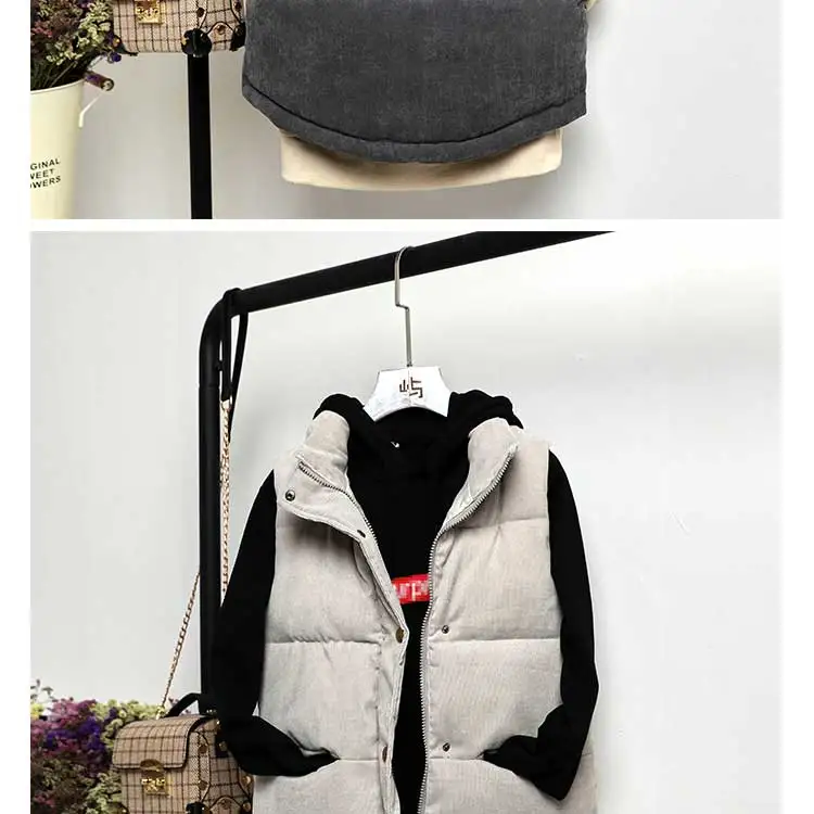 Новая зимняя модная Женская Толстая жилетка, теплая короткая жилетка с воротником-стойкой, Вельветовая хлопковая куртка, жилеты, женские