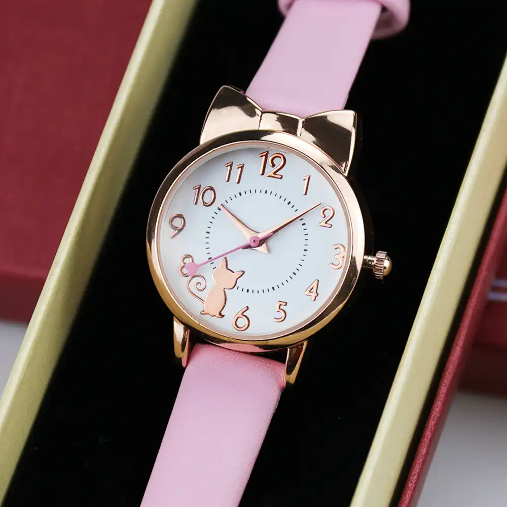 高品質漫画かわいい子猫子供キッズ腕時計本革の腕時計最高の誕生日プレゼント梱包箱 子供用時計 Aliexpress
