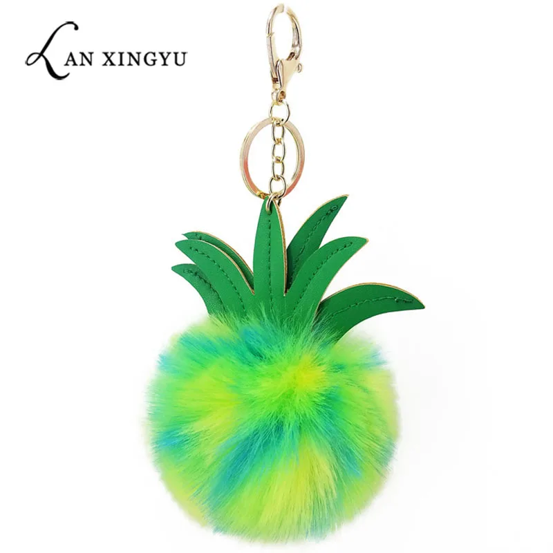 

PU Fruit Pineapple Shape Keychain Bag Pendant Pompom Cute Splice Handmade Women's Bag Keyring Jewelry Ornament Fashion Key Chain