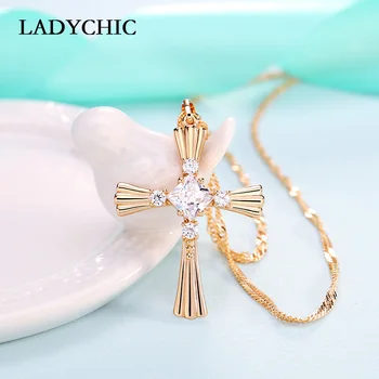 

LADYCHIC Fashion Cross Necklace for Women Girls Austrian Crystal Gold Color Christian Pendant Party Jewelry Wholesale LN1082