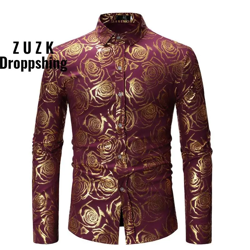 Shiny Gold Rose Print White Men Shirt Long Sleeve Slim Fit Floral Mens Dress Shirts Party Casual Prom Male Social Shirt Camisas
