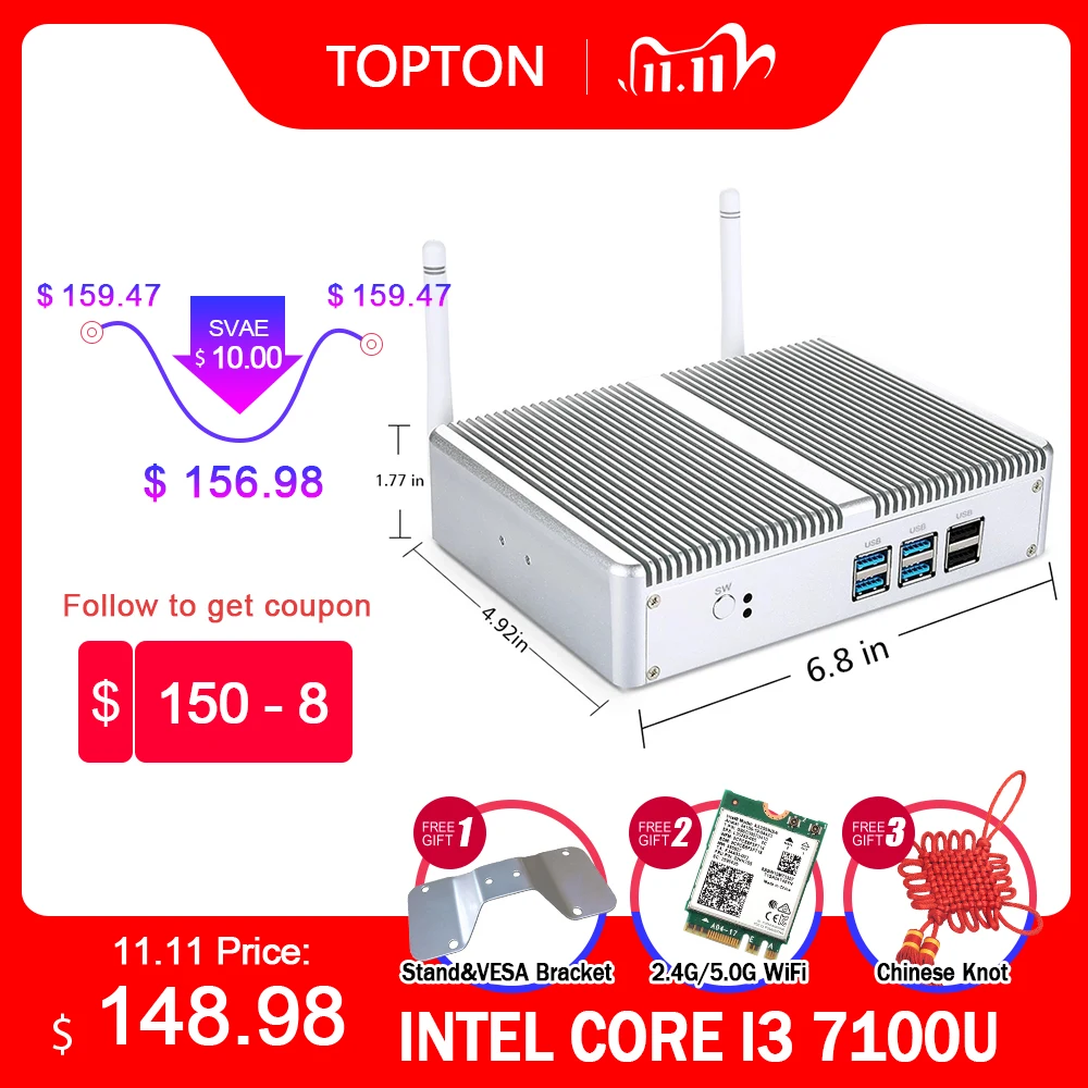 Мини ПК без вентилятора мини с Intel Core i5 7267U 7200U i3 7100U Windows 10 DDR4/DDR3L 4K HTPC HDMI VGA|Мини ПК| |