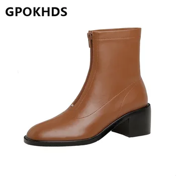 

GPOKHDS 2021 women Ankle boots Cow leather Winter short plush Round Toe Zipper High heels female boots size 40
