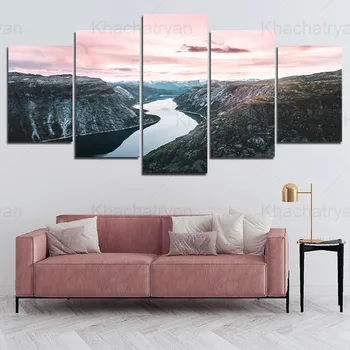 

Living Room Canvas Painting Beautiful Scenery Mountains and Rivers Sunset Series Decorative Painting Living Room Five-Piece Art