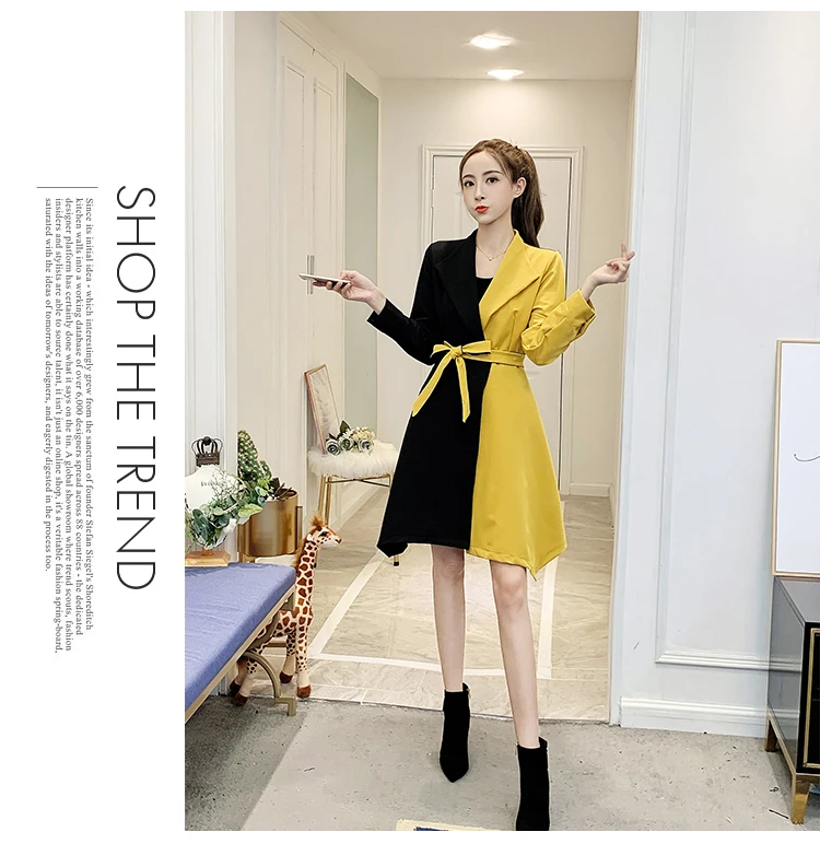 Фотосессия осень стиль корейско-Стиль Slim Fit Совместное контраст Цвет средней длины, женские сапоги выше колена; пальто с поясом Для женщин