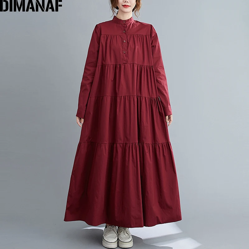 

DIMANAF Plus Size Women Dress Long Sleeve Elegant Lady Vestidos Pleated A-Line Loose Maxi Shirt Dress Autumn Winter Clothing