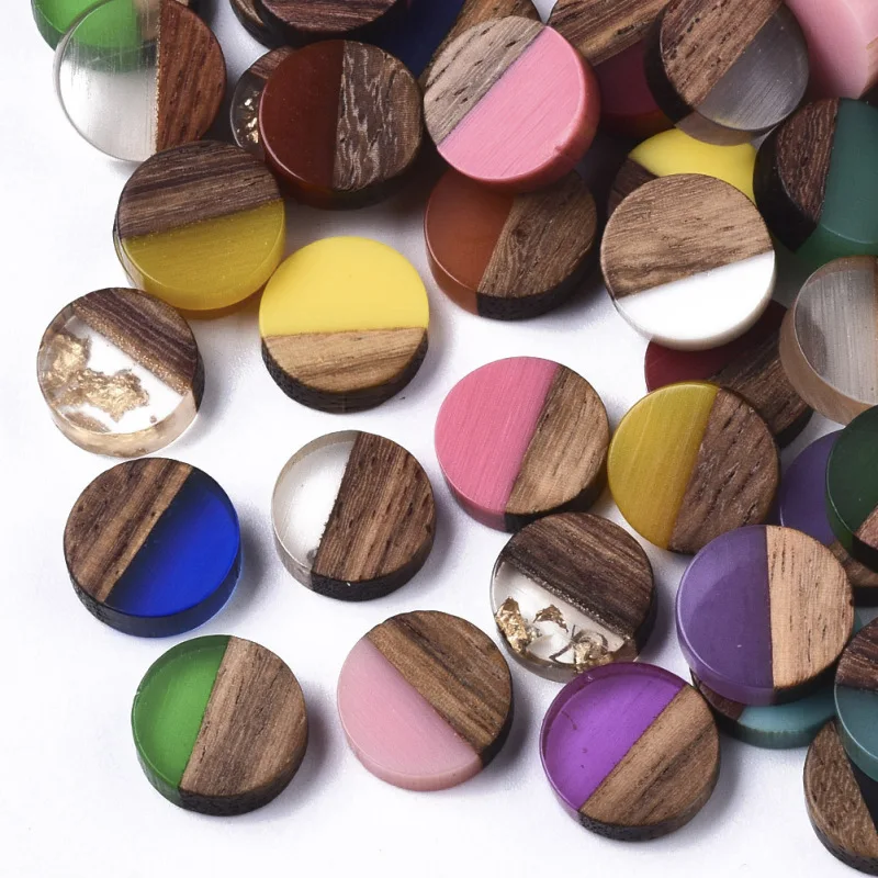 50pcs 10mm Resin & Wood Cabochons Resin Cabochon Flat Back for Jewelry Making DIY Bracelet Earring Accessories 10x3.5~4mm