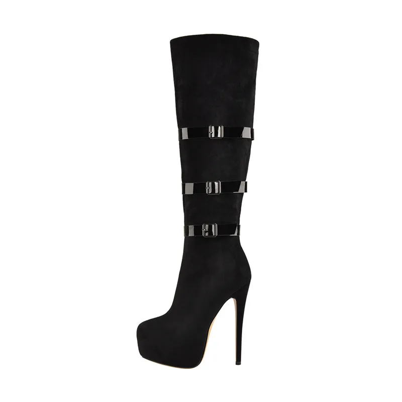 Onlymaker/ г. Женские черные высокие сапоги выше колена на высоком каблуке 16 см и платформе с пряжкой - Цвет: P90606A