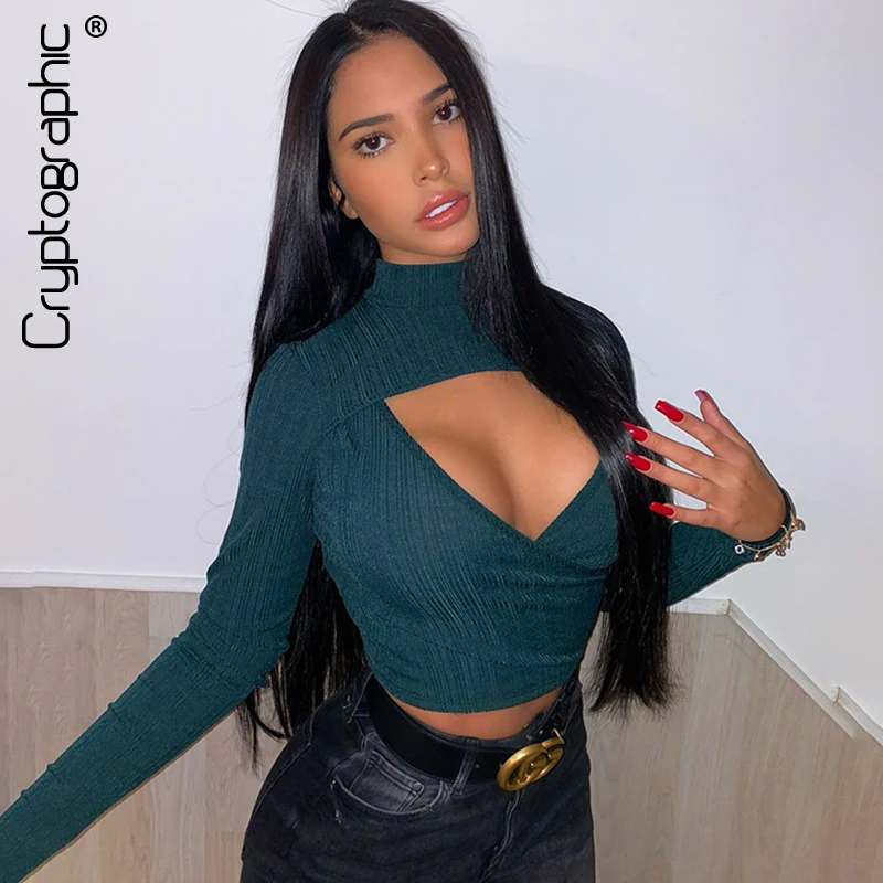 

Cryptographic Cut- Out Sexy T-Shirts Women Long Sleeve Top Tees Slim Crop Tops Female Solid Fashion 2020 Shirts Short
