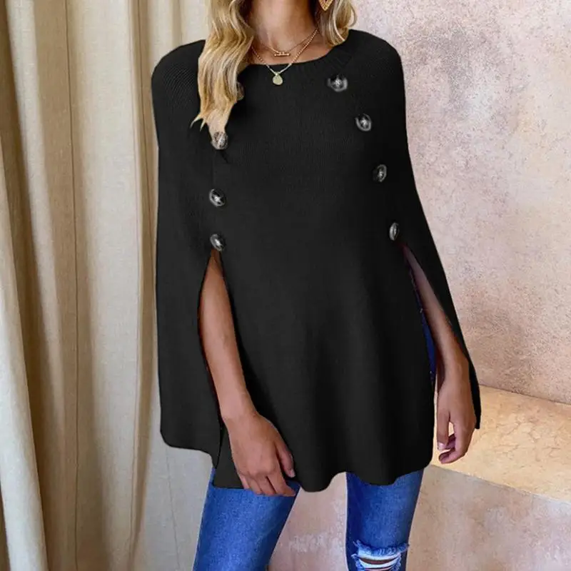 

Women's Knitted Sweater 2019 Autumn Elegant Poncho Coats Batwing Sleeve Cape Pullovers Female Button Tops Casual Pull Femme