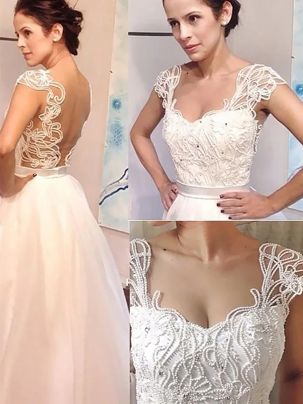 

A-Line/Princess Sweetheart Sweep/Brush Train Tulle Sleeveless Wedding Dresses